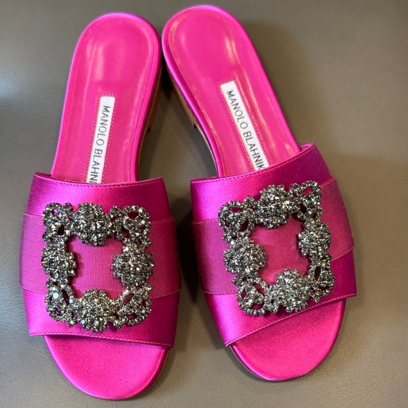 Manolo Blahnik Shoes - Manolo Blahnik Fuchsia Satin Sandals with Embellished Buckle